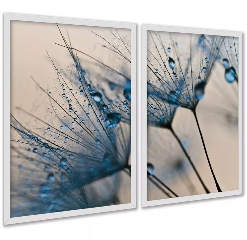 Kit 2 Quadros Flores Azuis Gotas