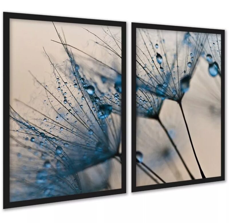 Kit 2 Quadros Flores Azuis Gotas