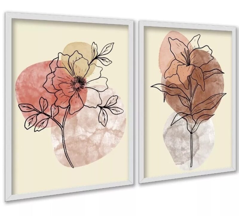 Kit 2 Quadros Flores Efeito Mármore Colorido