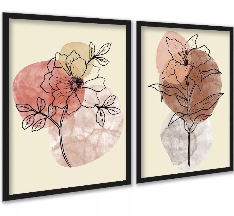 Kit 2 Quadros Flores Efeito Mármore Colorido