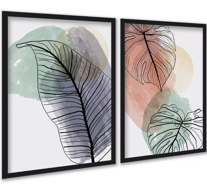 Kit 2 Quadros Folhas Costela Adão Aquarela
