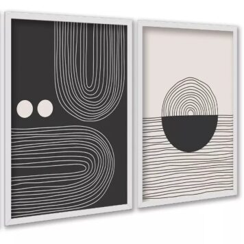 Kit 2 Quadros Formas Abstratos Linhas Preto e Bege
