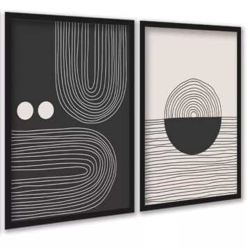 Kit 2 Quadros Formas Abstratos Linhas Preto e Bege