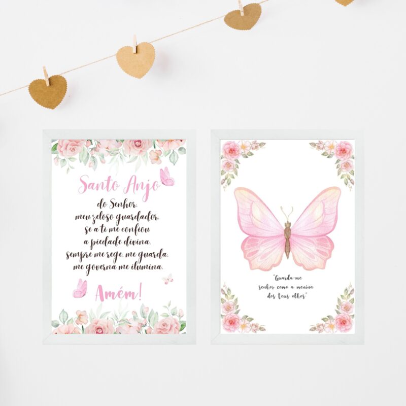 Kit 2 Quadros Infantis Menina Borboleta Rosa - Cristão