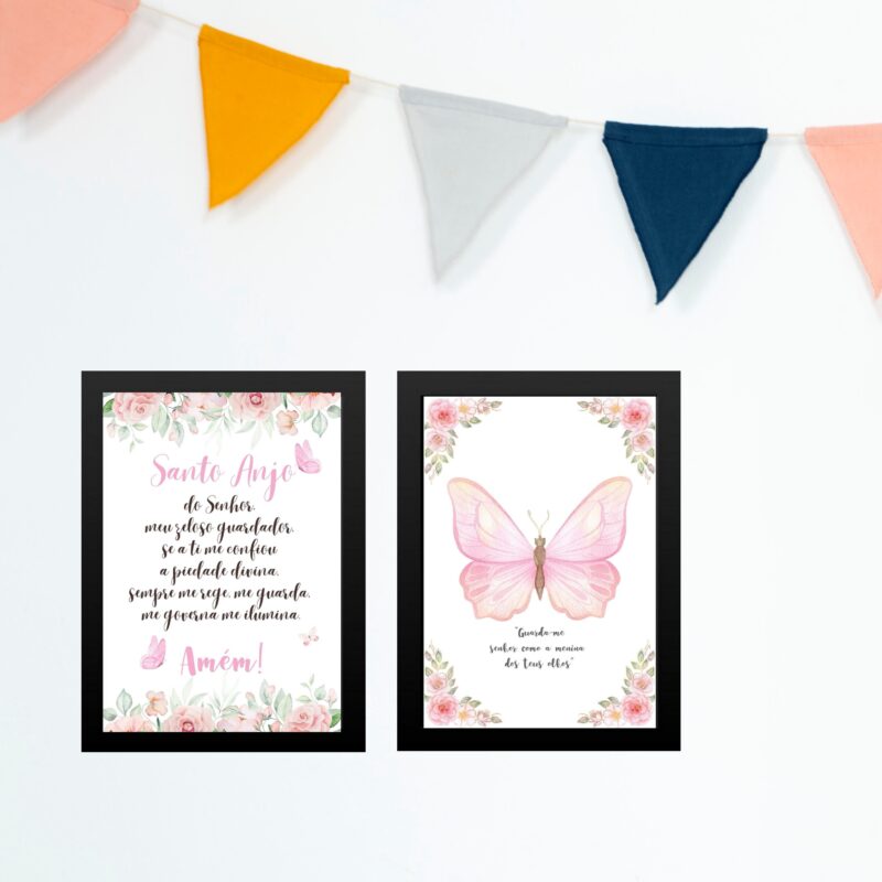 Kit 2 Quadros Infantis Menina Borboleta Rosa - Cristão
