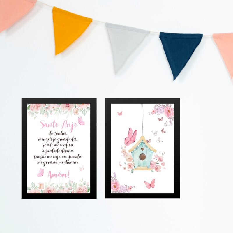 Kit 2 Quadros Infantis Menina Santo Anjo - Borboletinhas