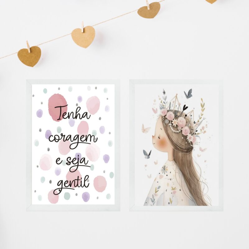 Kit 2 Quadros Infantis Menina - Tenha Coragem Seja Gentil
