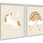 Kit 2 Quadros Infantis Unicórnio Arco-íris Bege