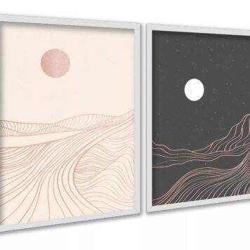 Kit 2 Quadros Montanhas Rosa Cinza Abstrato