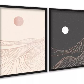 Kit 2 Quadros Montanhas Rosa Cinza Abstrato