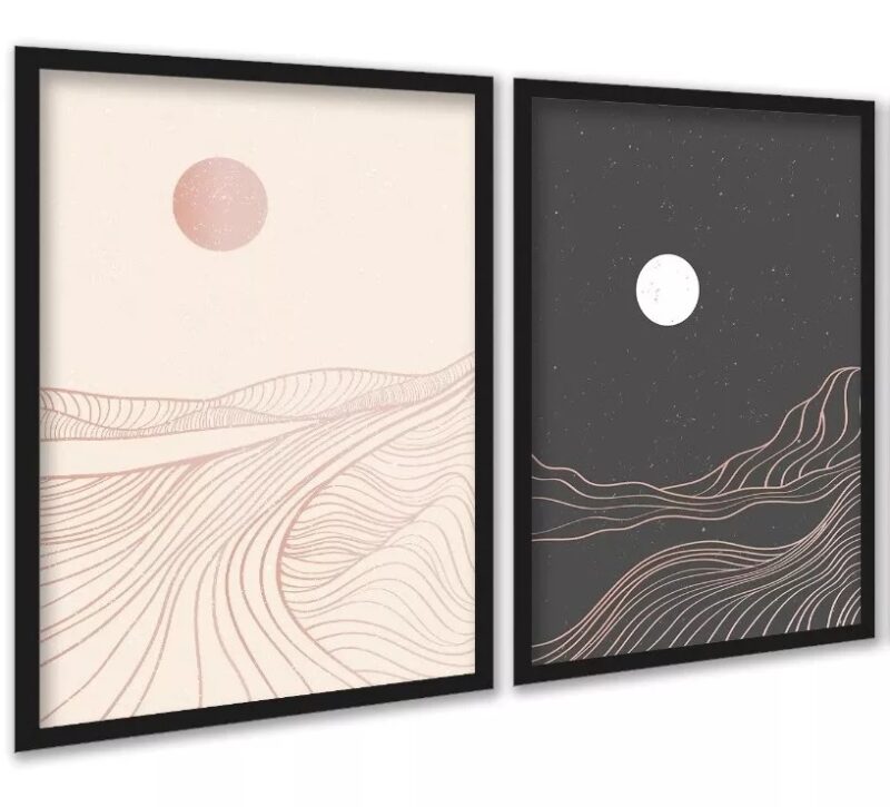 Kit 2 Quadros Montanhas Rosa Cinza Abstrato