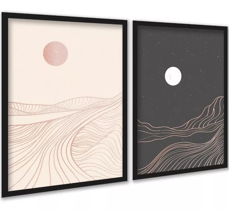 Kit 2 Quadros Montanhas Rosa Cinza Abstrato