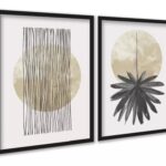 Kit 2 Quadros Neutros Bege Linhas Circulo Folha Aquarela