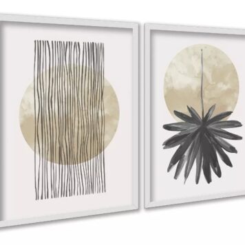 Kit 2 Quadros Neutros Bege Linhas Circulo Folha Aquarela