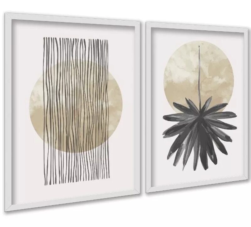 Kit 2 Quadros Neutros Bege Linhas Circulo Folha Aquarela
