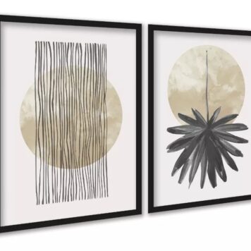 Kit 2 Quadros Neutros Bege Linhas Circulo Folha Aquarela