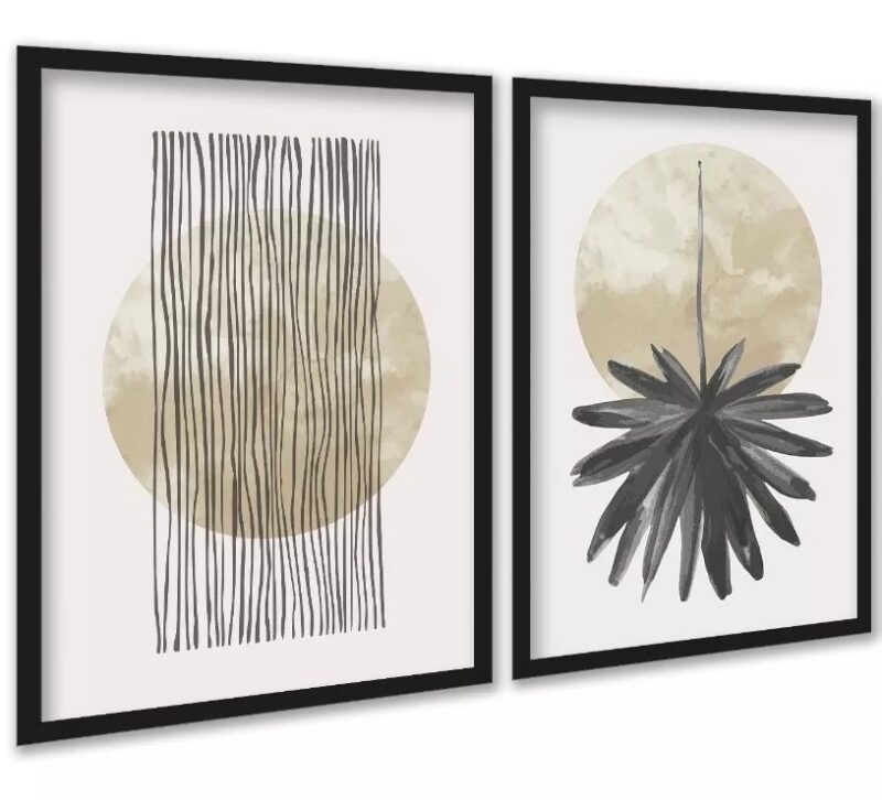 Kit 2 Quadros Neutros Bege Linhas Circulo Folha Aquarela