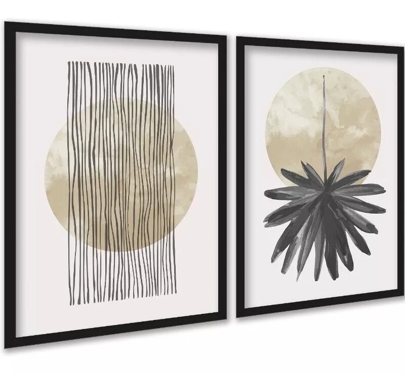 Kit 2 Quadros Neutros Bege Linhas Circulo Folha Aquarela