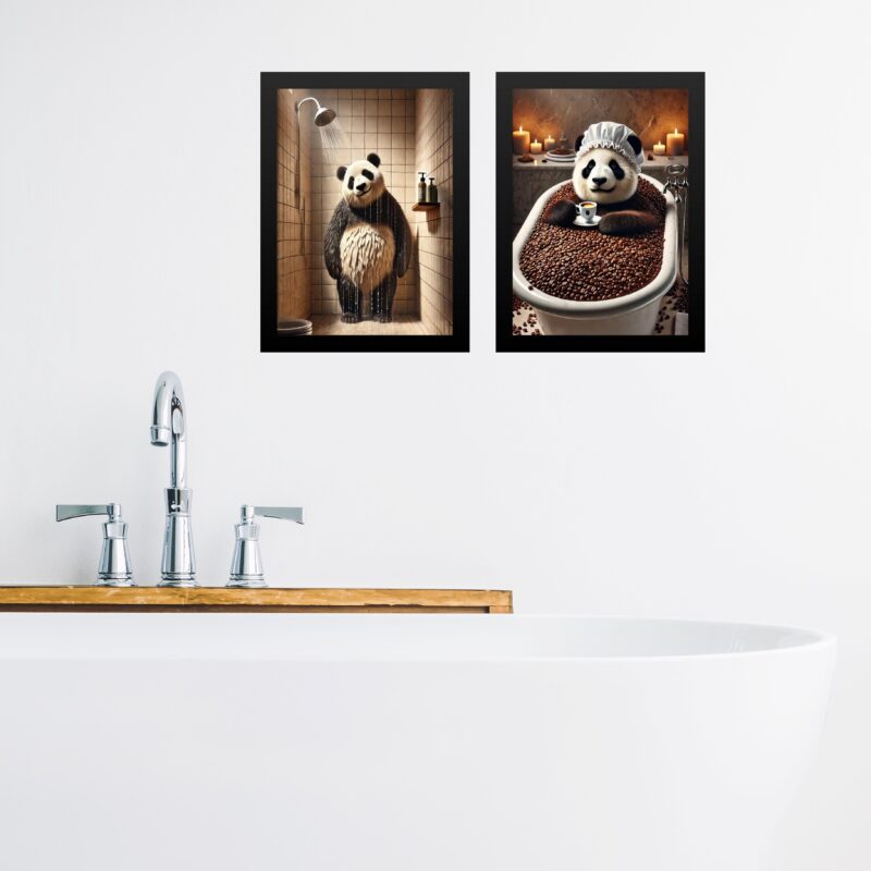 Kit 2 Quadros Para Banheiro Urso Panda - Café