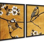 Kit 2 Quadros Pássaros Dourados Flores Cerejeira