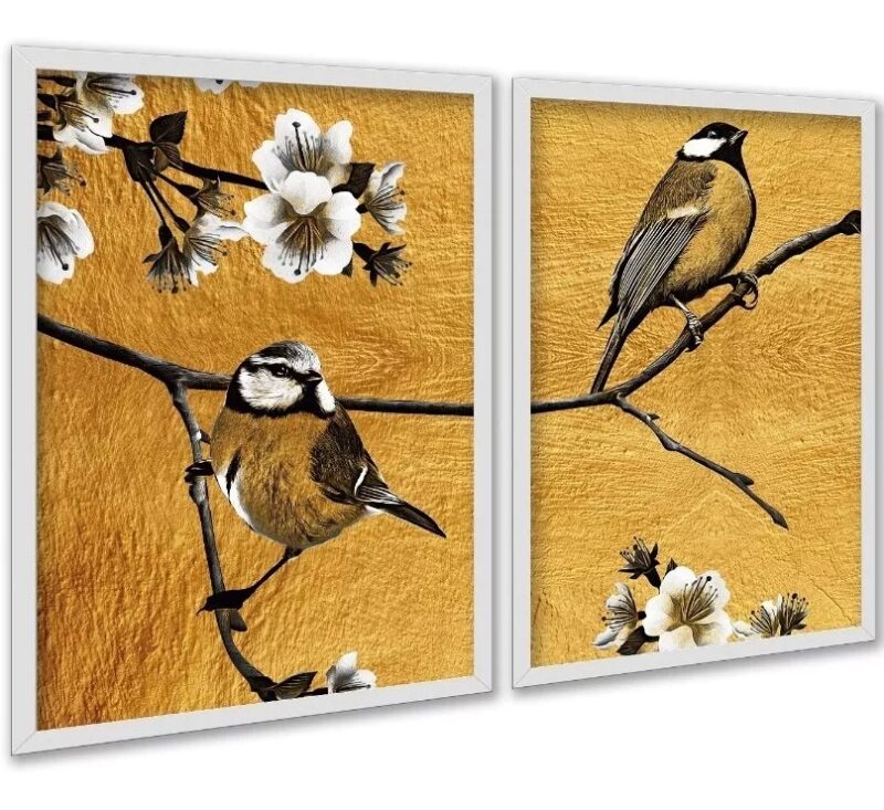 Kit 2 Quadros Pássaros Dourados Flores Cerejeira