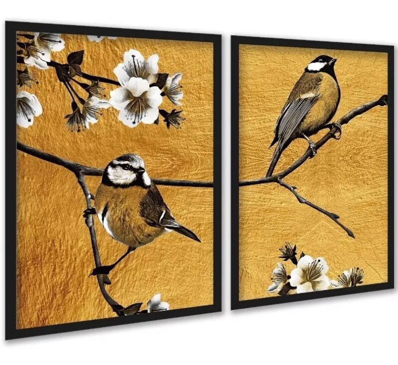 Kit 2 Quadros Pássaros Dourados Flores Cerejeira