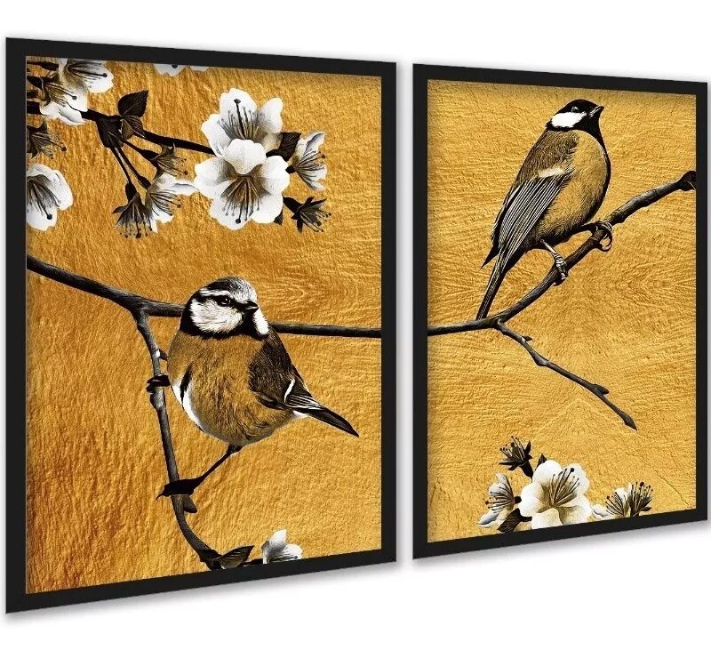 Kit 2 Quadros Pássaros Dourados Flores Cerejeira