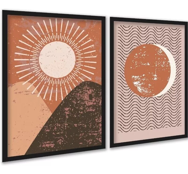 Kit 2 Quadros Sol Lua VIntage Boho