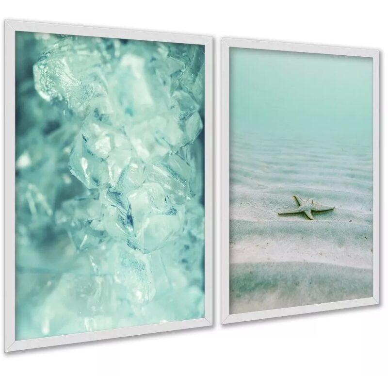 Kit 2 Quadros Verde Água Cristal Estrela Do Mar