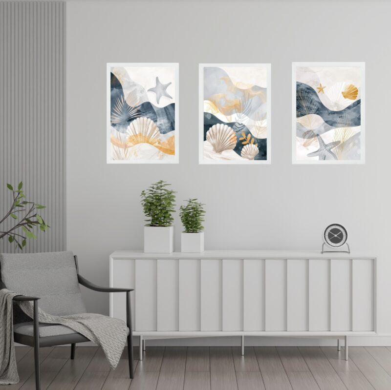 Kit 3 Quadros Abstratos Tema Praia Neutros b