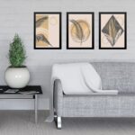 Kit 3 Quadros Artes Boho Folhas Bege e Cinza