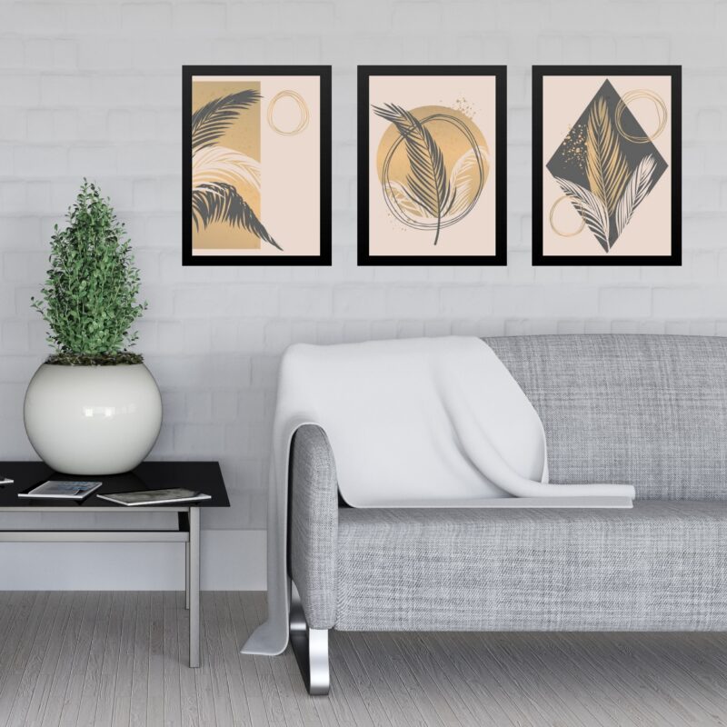 Kit 3 Quadros Artes Boho Folhas Bege e Cinza