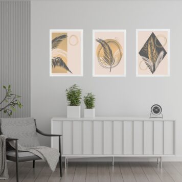 Kit 3 Quadros Artes Boho Folhas Bege e Cinza b