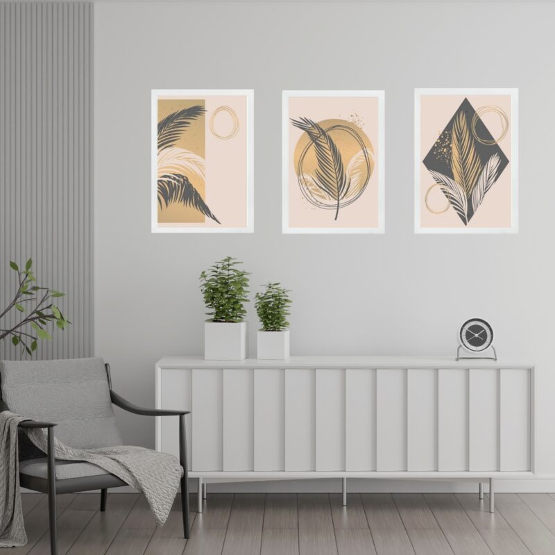 Kit 3 Quadros Artes Boho Folhas Bege e Cinza b