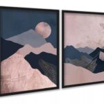 Kit 3 Quadros Boho Montanhas Rosa Azul Rose Gold