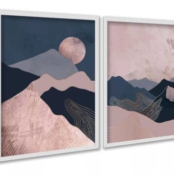 Kit 3 Quadros Boho Montanhas Rosa Azul Rose Gold