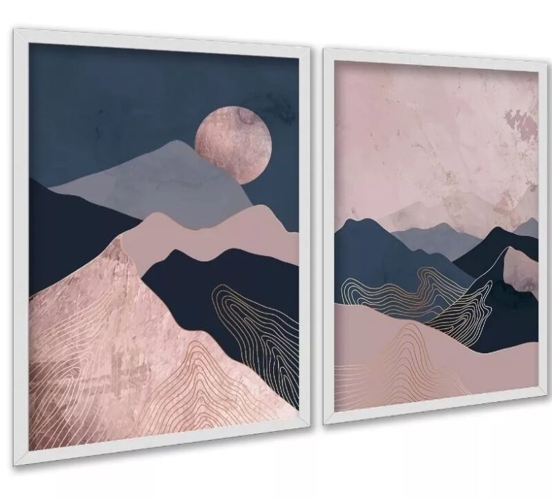 Kit 3 Quadros Boho Montanhas Rosa Azul Rose Gold