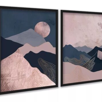 Kit 3 Quadros Boho Montanhas Rosa Azul Rose Gold