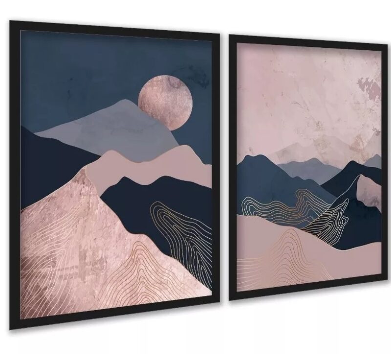 Kit 3 Quadros Boho Montanhas Rosa Azul Rose Gold