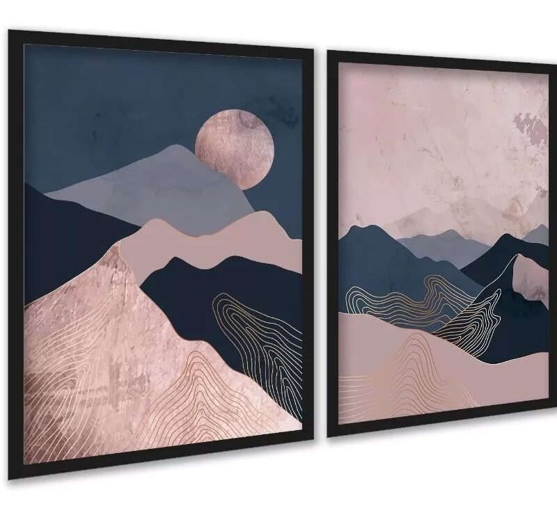Kit 3 Quadros Boho Montanhas Rosa Azul Rose Gold