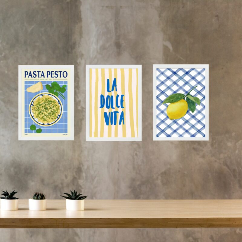 Kit 3 Quadros Cozinha Italiana Amarelo e Azul