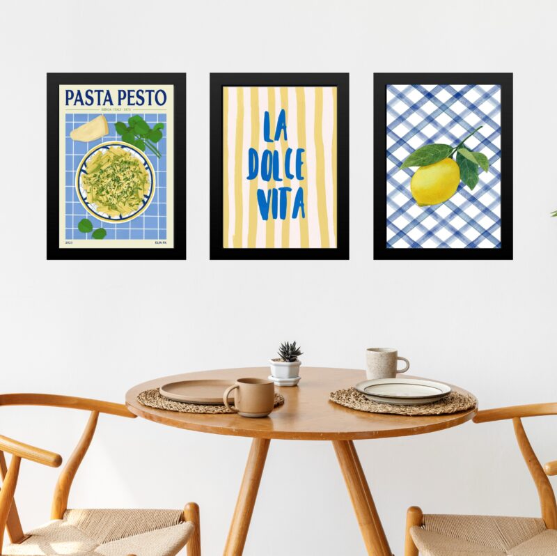 Kit 3 Quadros Cozinha Italiana Amarelo e Azul