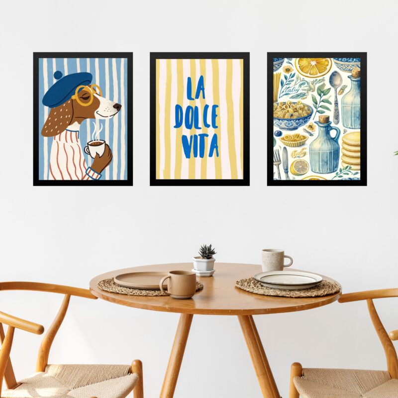 Kit 3 Quadros Cozinha Italiana La Dolce Vita - Cachorrinho
