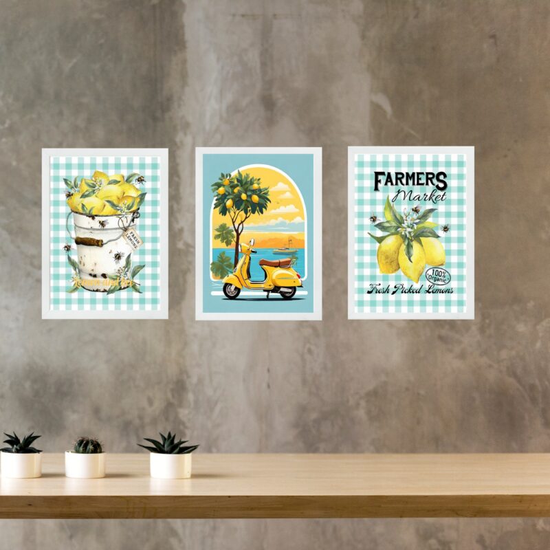 Kit 3 Quadros Cozinha Italiana Limão Siciliano