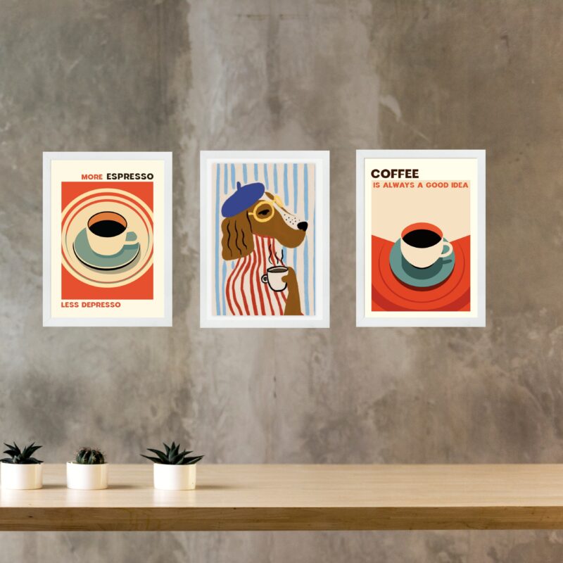 Kit 3 Quadros Decorativos Para Cozinha Café Cão