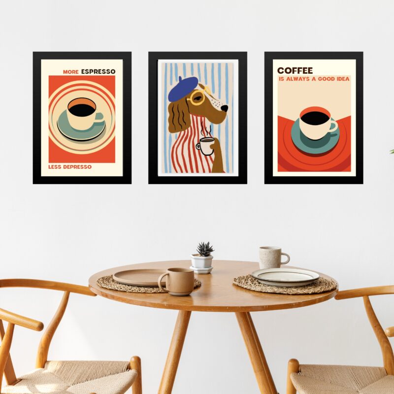 Kit 3 Quadros Decorativos Para Cozinha Café Cão