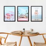 Kit 3 Quadros Decorativos Praia Cor De Rosa e Azul