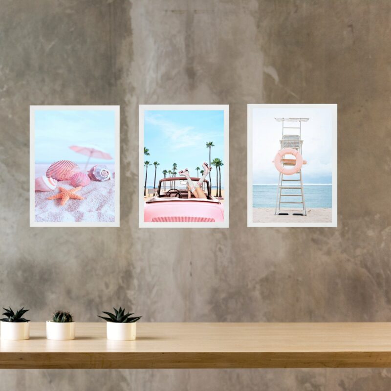 Kit 3 Quadros Decorativos Praia Cor De Rosa e Azul
