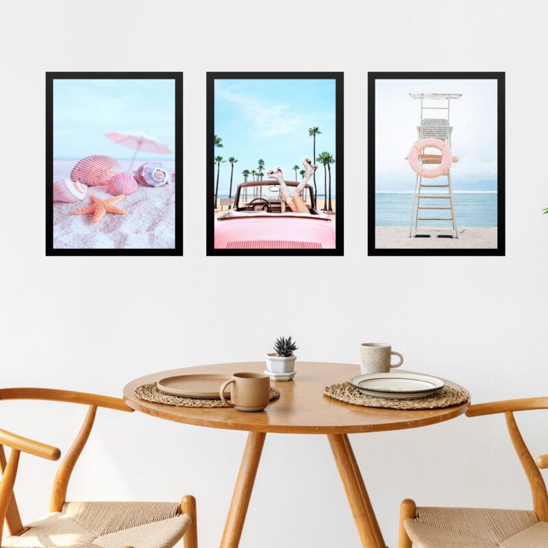 Kit 3 Quadros Decorativos Praia Cor De Rosa e Azul