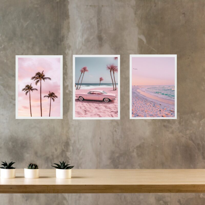 Kit 3 Quadros Decorativos Praia Em Cor De Rosa